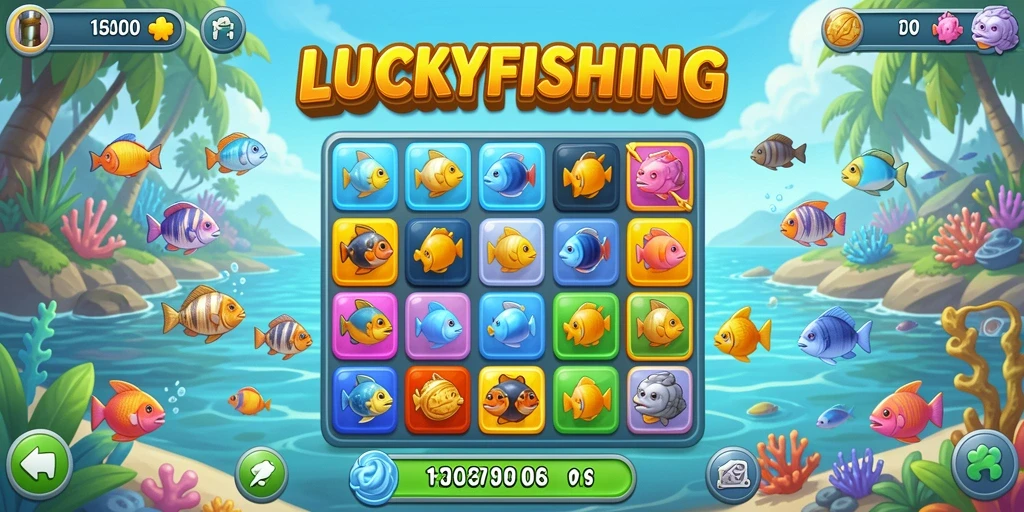 Tangkapan layar gameplay LUCKYFISHING yang penuh warna dan menarik.