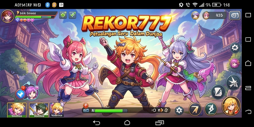 Tangkapan layar utama dari gameplay REKOR777 menampilkan pertempuran karakter Anime.